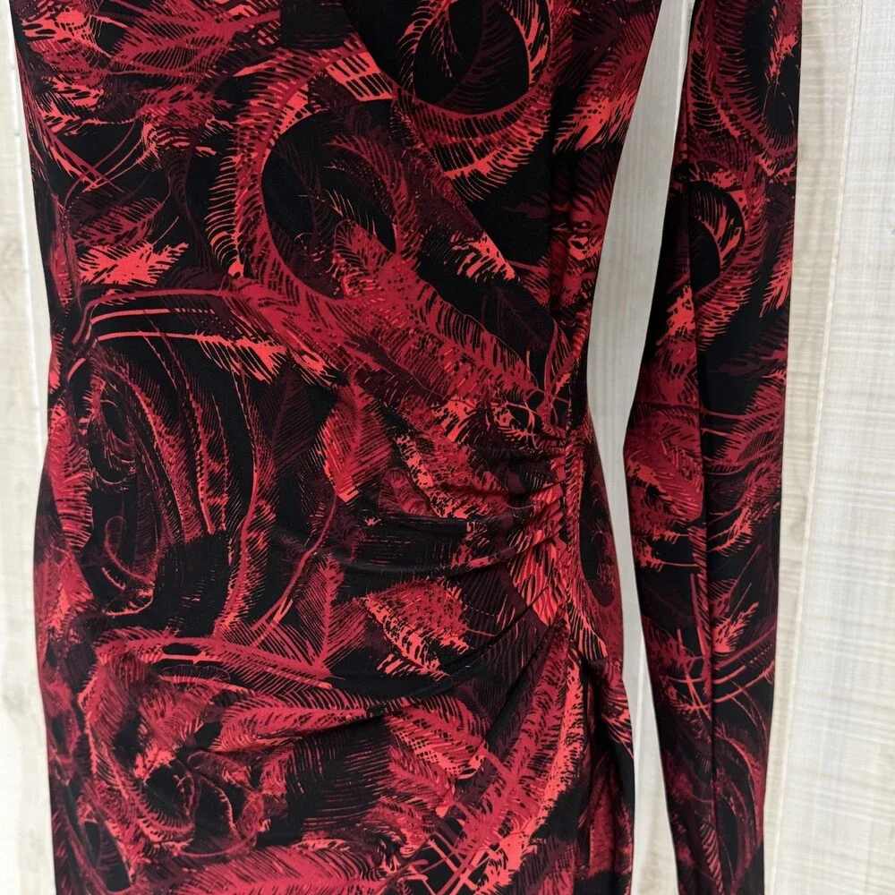Norma Kamali Red Black Faux Wrap Dress Stretch Bodycon Long Sleeve Chic Bold Art - Picture 5 of 10